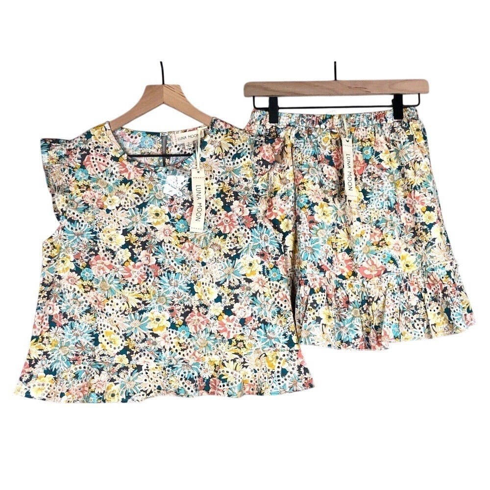 NWT LUNA MOON Top & Skirt Set Sz S Ruffle Floral Eyelet Crop Boho Fairy Cottage